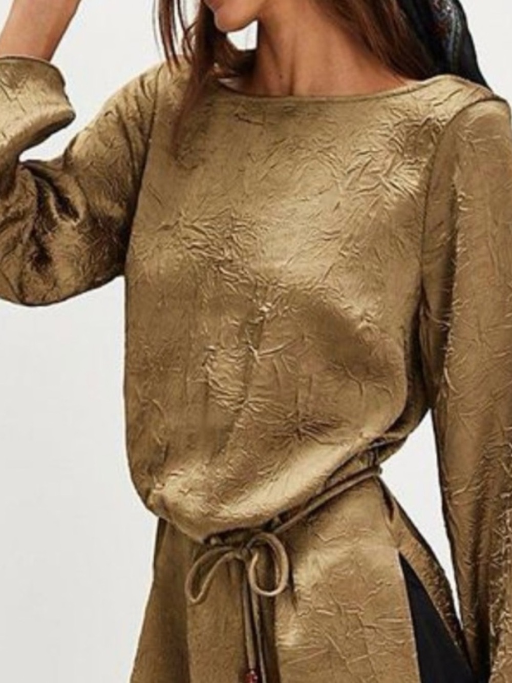SET**Free People Metallic Bronze Long Sleeve Blouse with Waist Tie